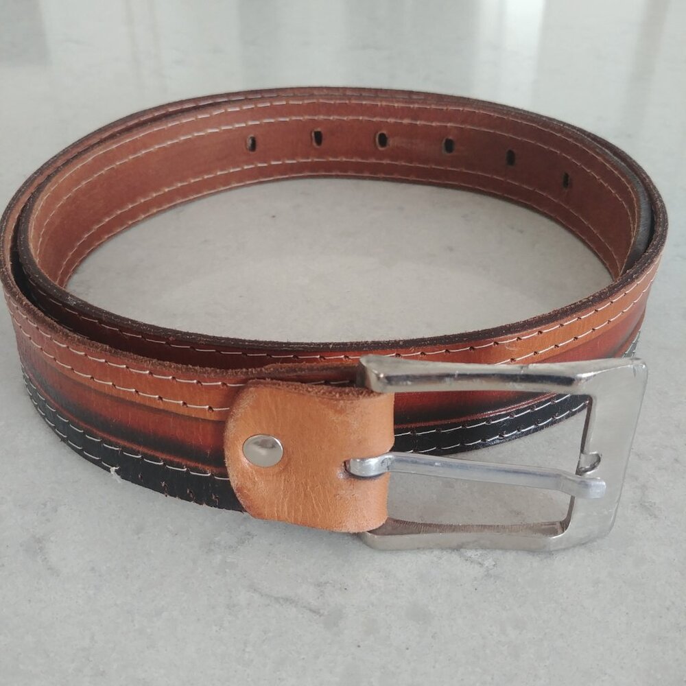 Men's wide ombre leather belt brown black silver buckle